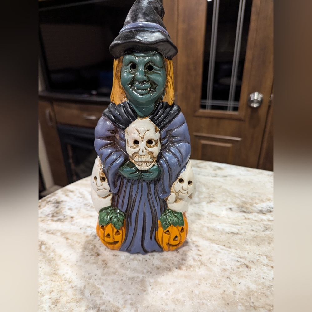 Halloween Witch Figurine with Skulls and Pumpkins. Ceramic. Candle Lit.